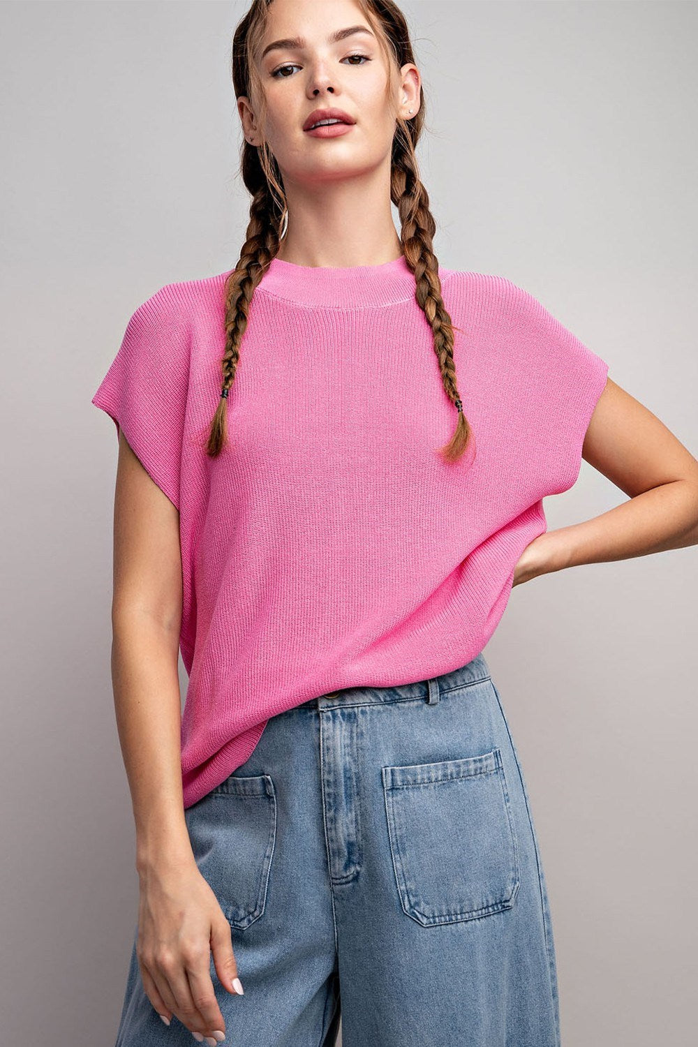 SOLID CAP SLEEVE SWEATER TOP