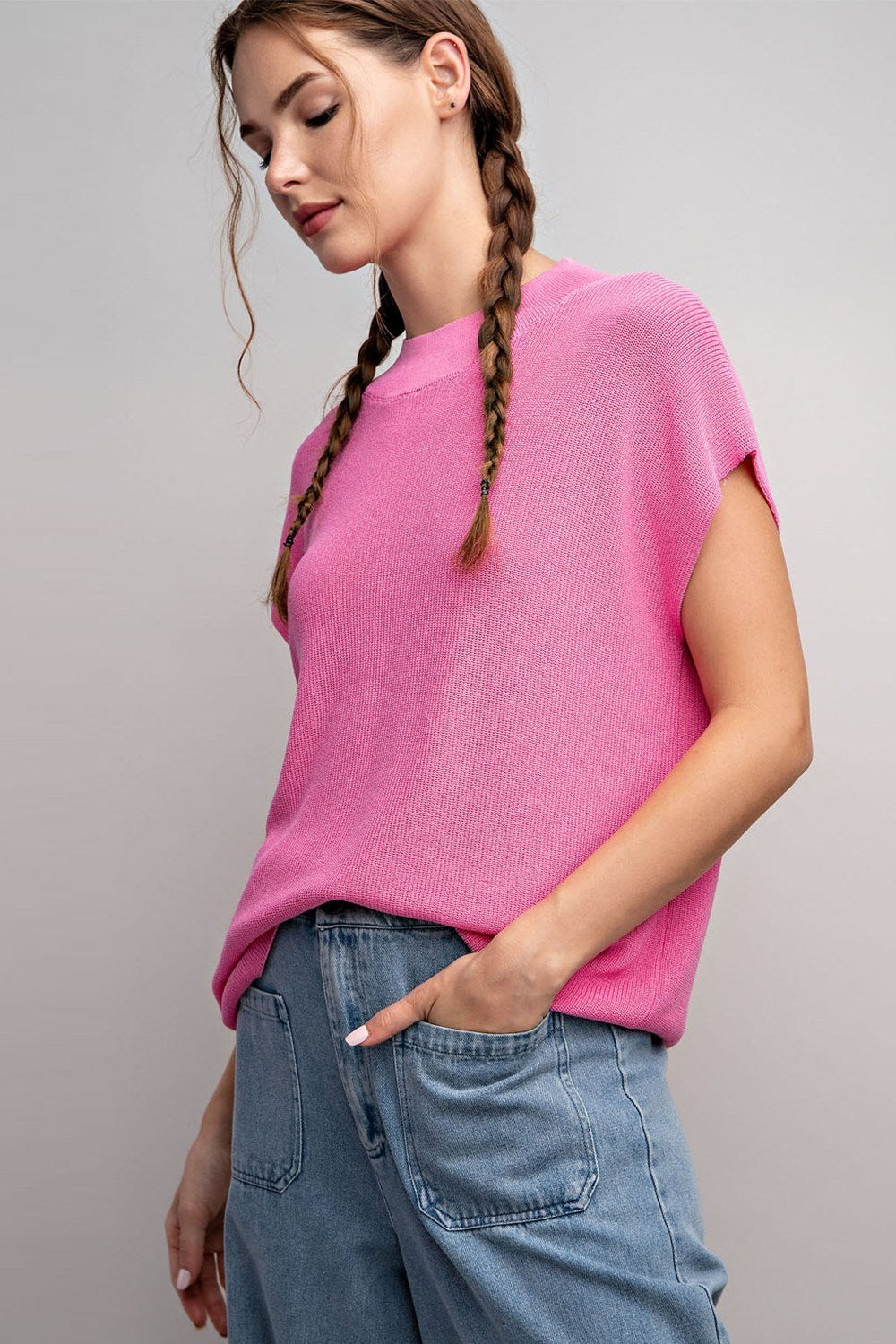 SOLID CAP SLEEVE SWEATER TOP