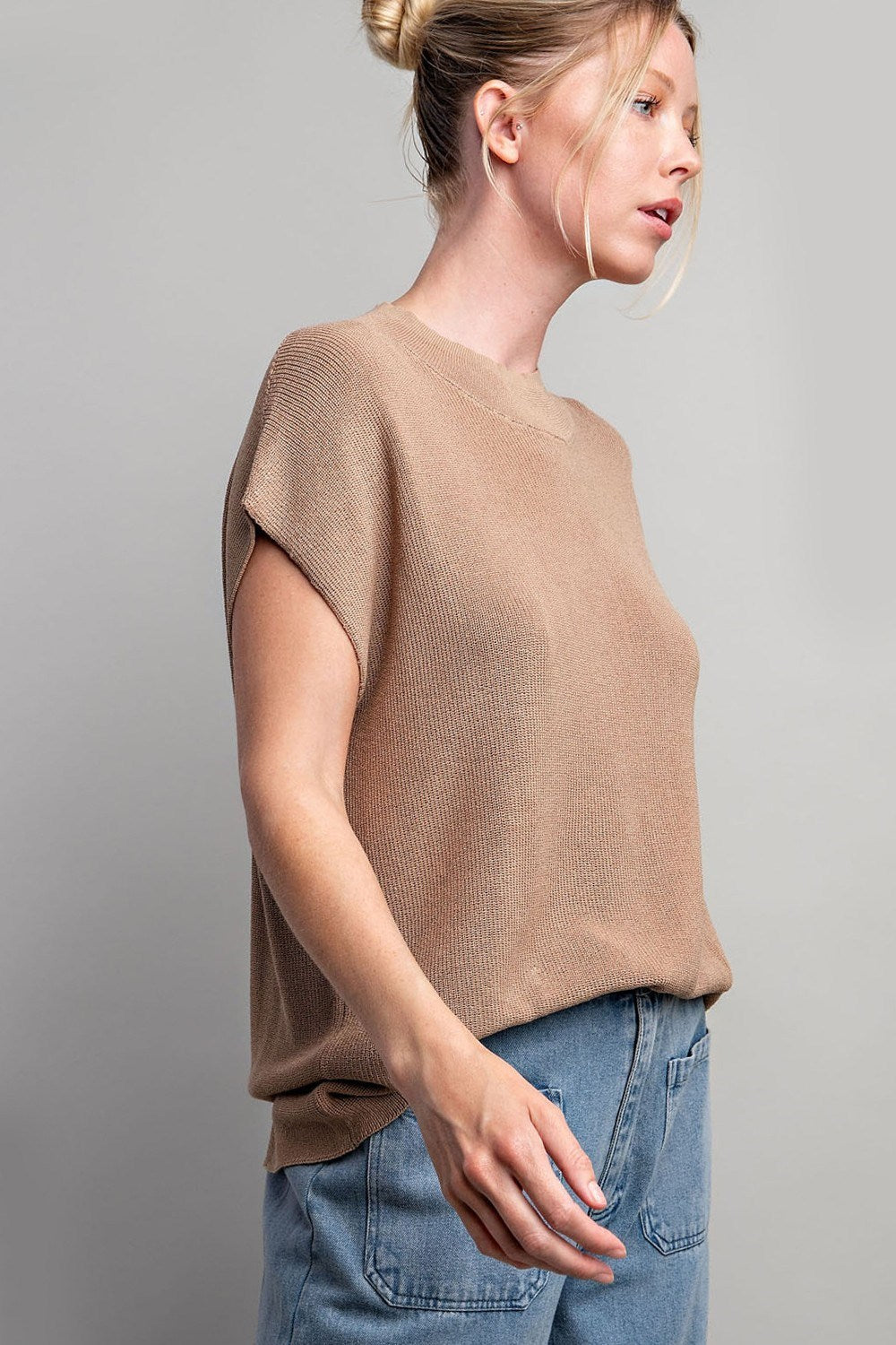 SOLID CAP SLEEVE SWEATER TOP