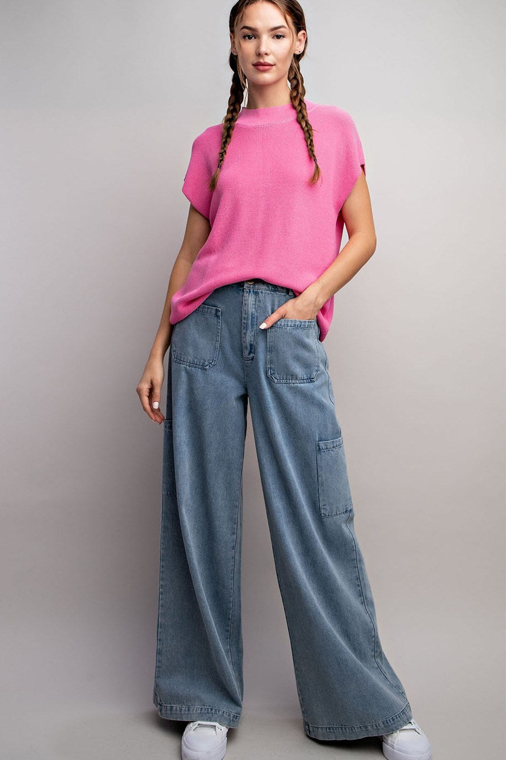 SOLID CAP SLEEVE SWEATER TOP