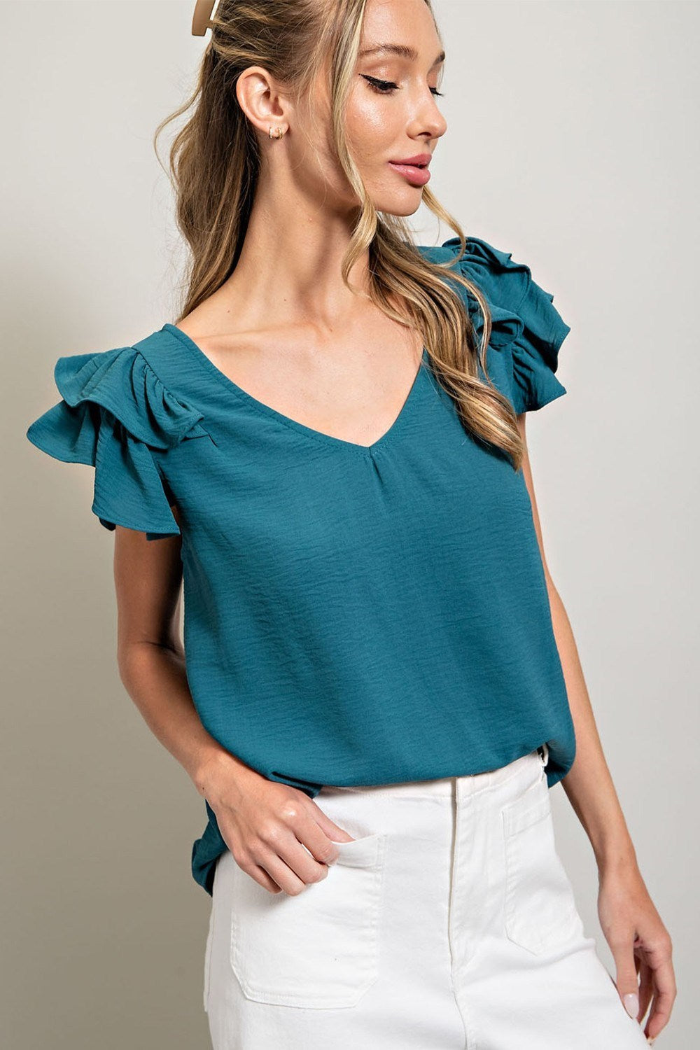 V-NECK SHORT SLEEVE RUFFLED TOP