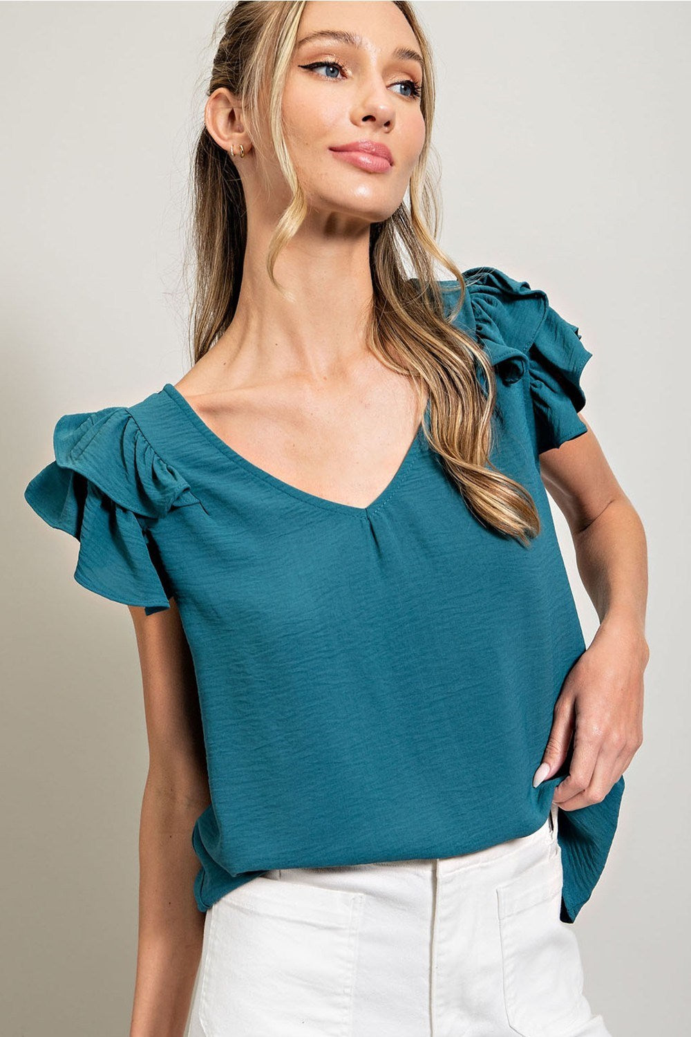 V-NECK SHORT SLEEVE RUFFLED TOP