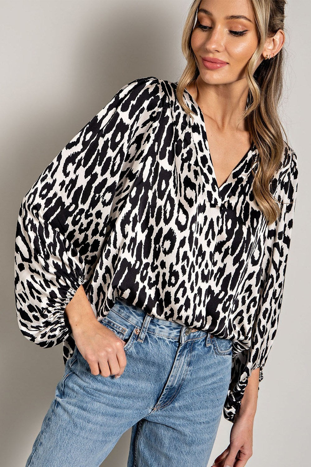 LEOPARD PATTERN V NECK LONG SLEEVE TOP