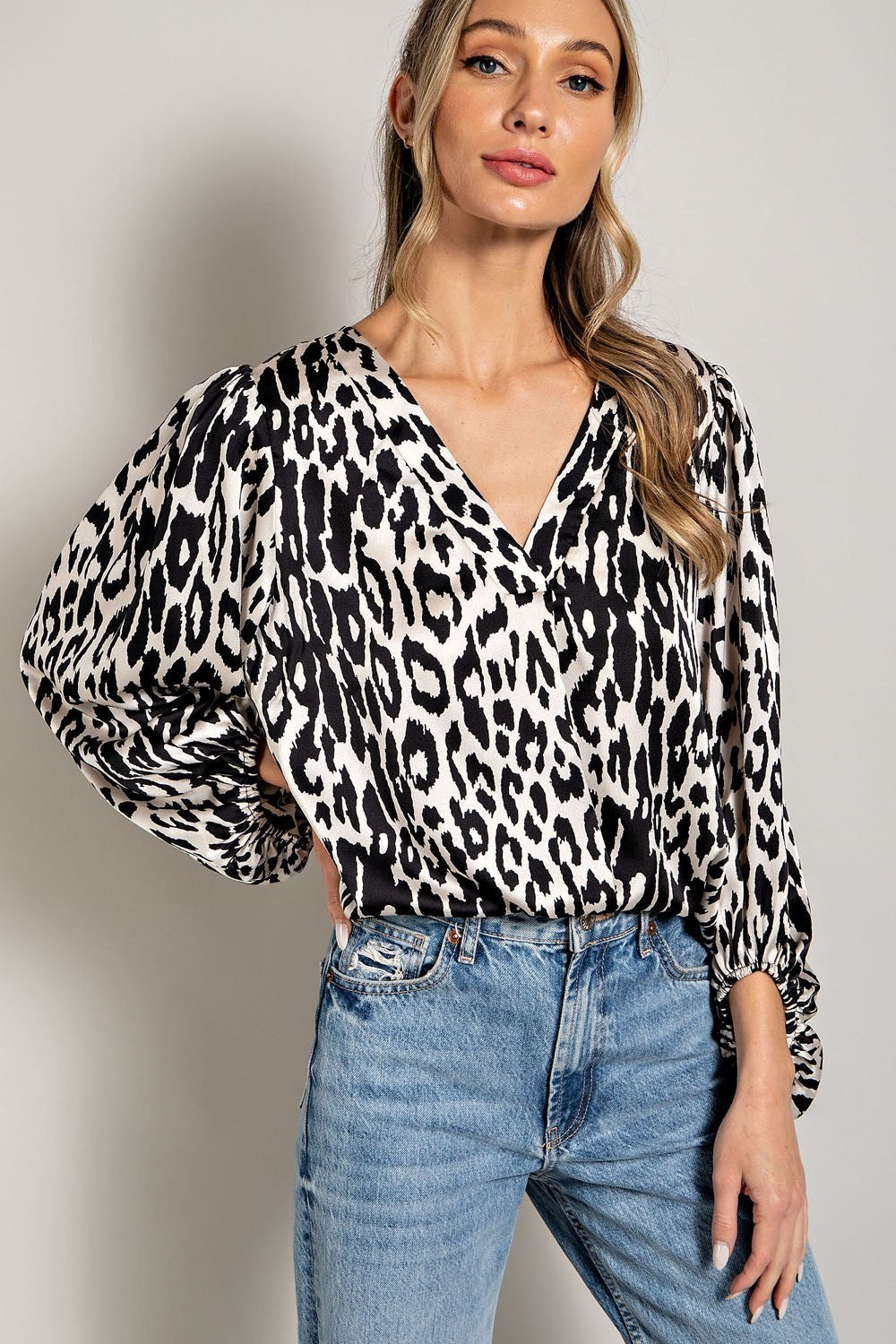 LEOPARD PATTERN V NECK LONG SLEEVE TOP