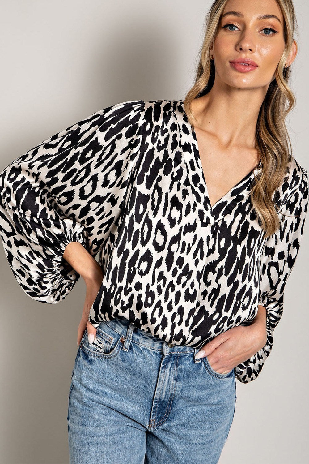 LEOPARD PATTERN V NECK LONG SLEEVE TOP