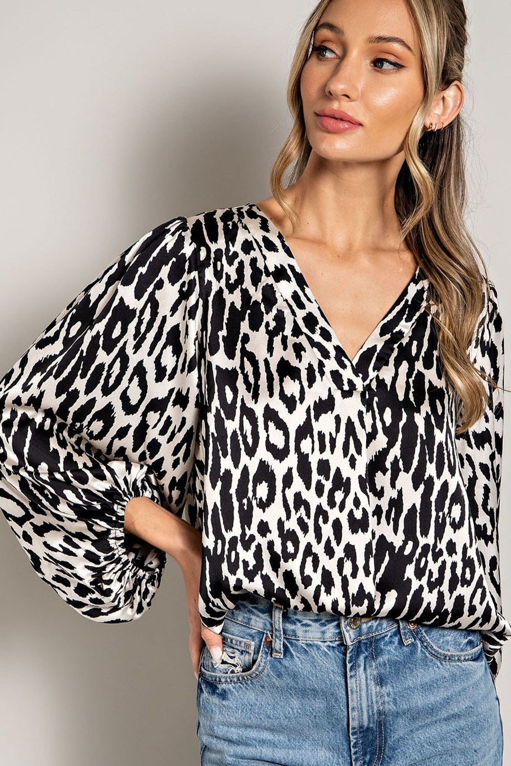 LEOPARD PATTERN V NECK LONG SLEEVE TOP