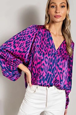 LEOPARD PATTERN V NECK LONG SLEEVE TOP